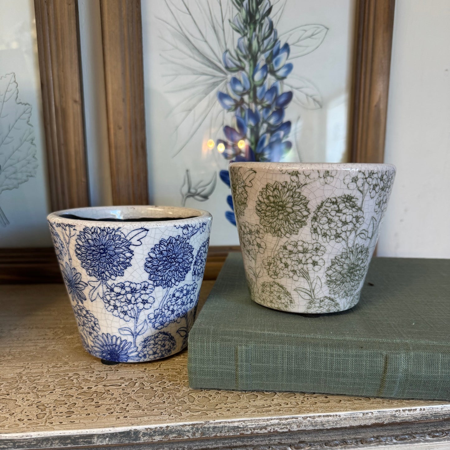 Floral Pattern Garden Pots, Ceramic - 2 Assorted Colors, 4.3"