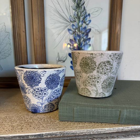 Floral Pattern Garden Pots, Ceramic - 2 Assorted Colors, 4.3"