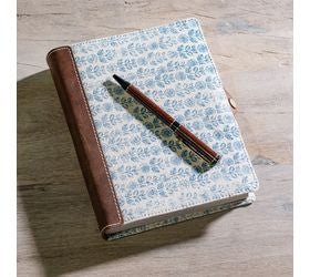 Blue Floral Canvas Leather Journal - 8"