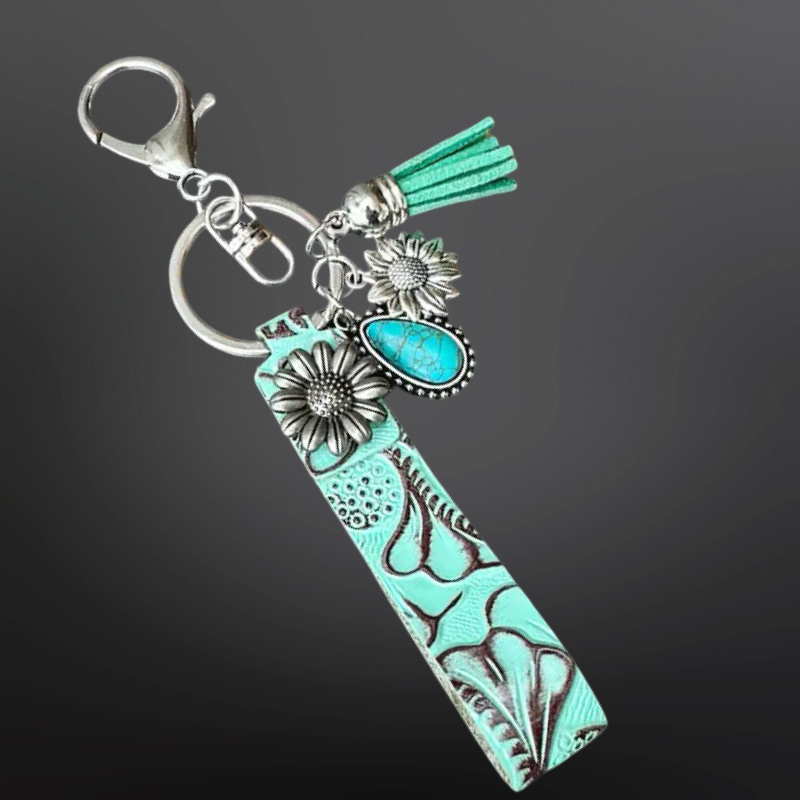 Faux Embossed Leather Western Keychain with Charms: Turquoise Steer