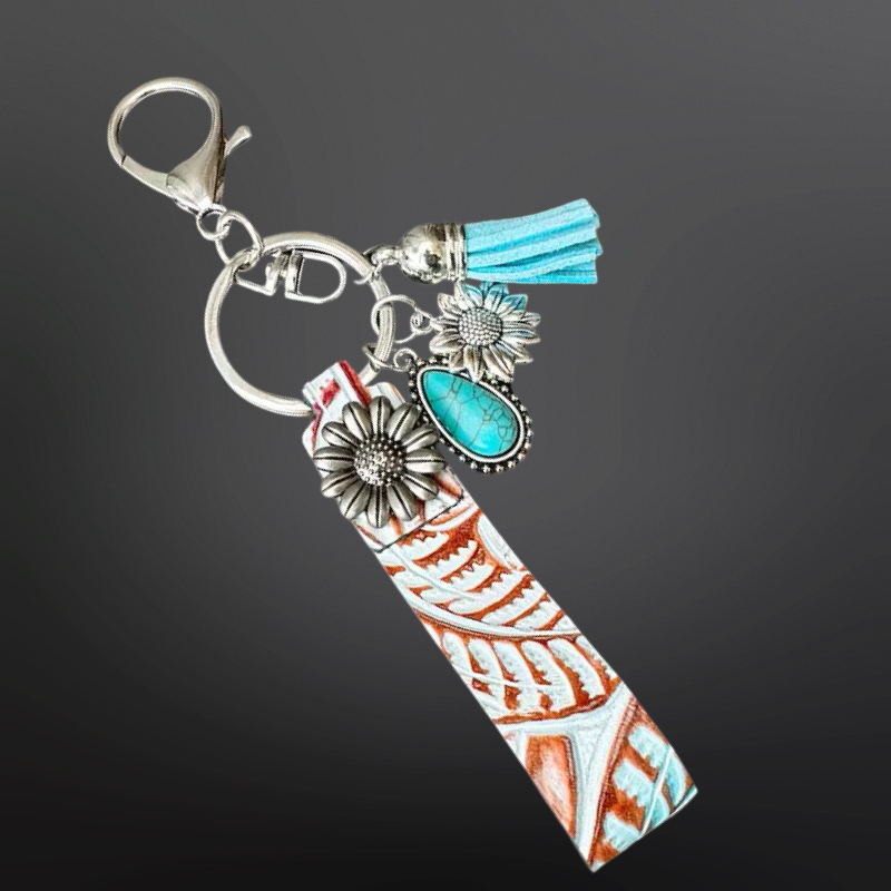 Faux Embossed Leather Western Keychain with Charms: Turquoise Steer