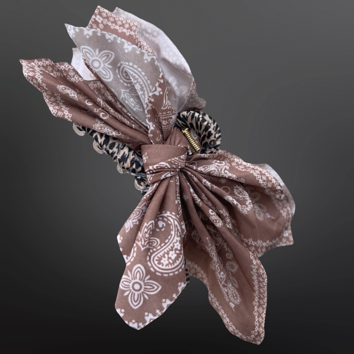 Western Paisley Claw Clip Hair Bow Bandana Print: Tan