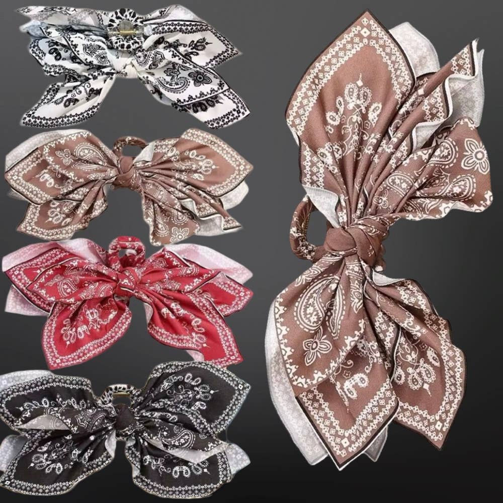 Western Paisley Claw Clip Hair Bow Bandana Print: Tan