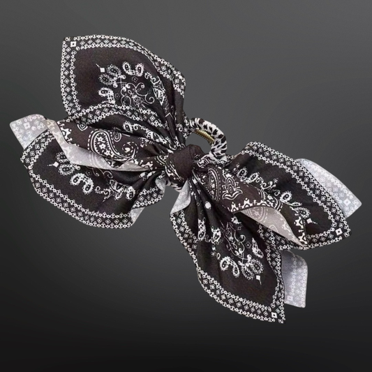 Western Paisley Claw Clip Hair Bow Bandana Print: Black
