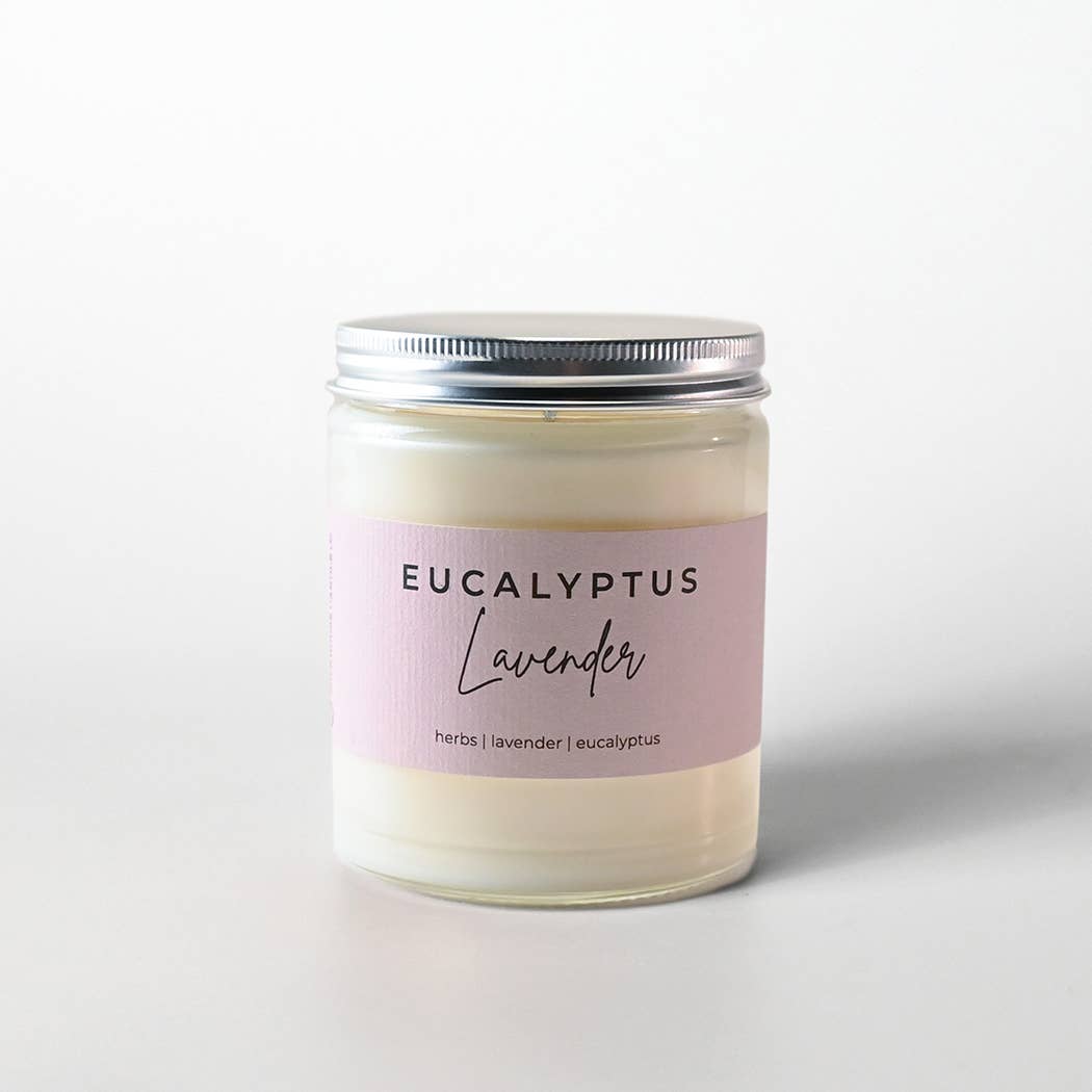 Candle jar with 'Eucalyptus Lavender' label on a white background
