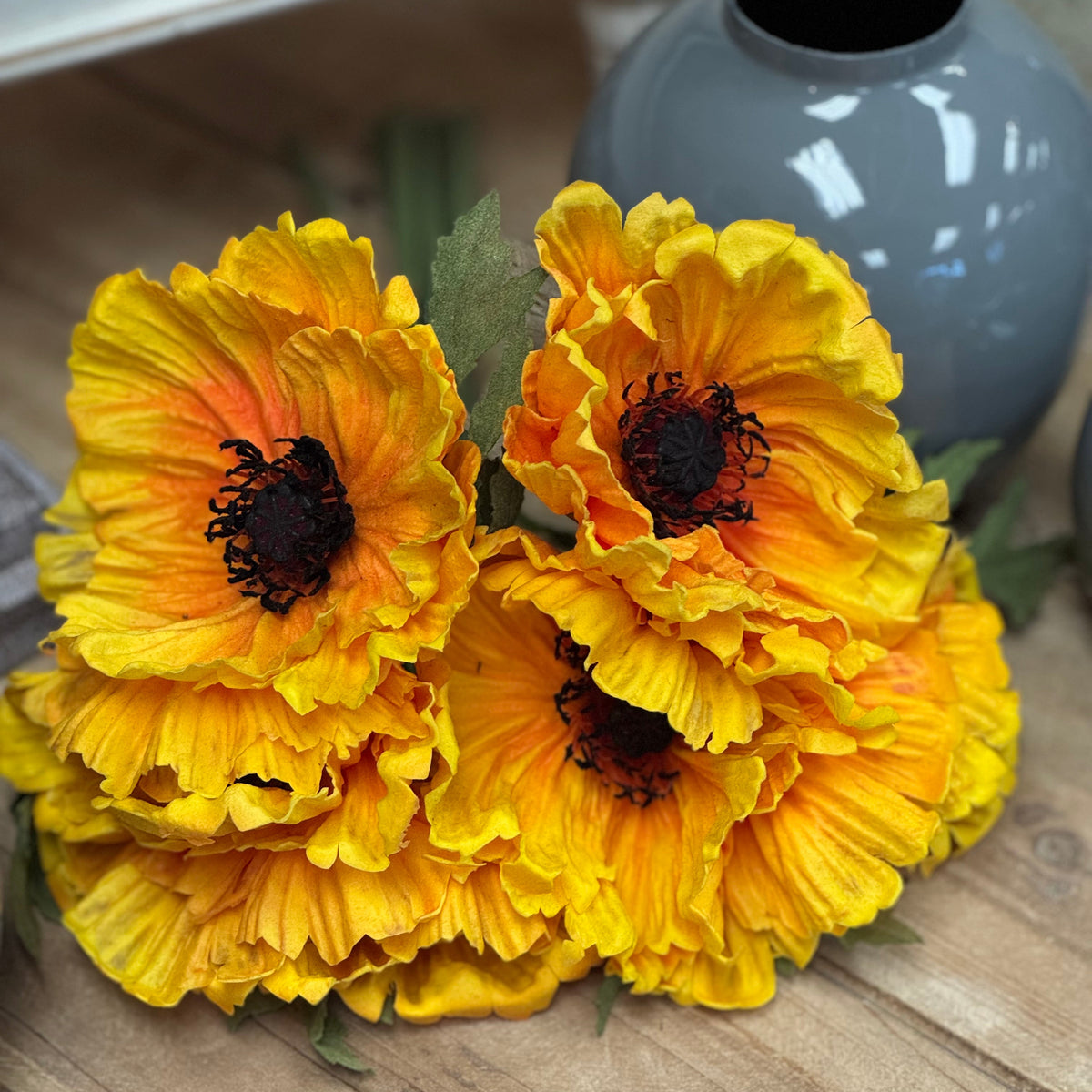 Real Touch Poppy Bundle with 6 Stems- Yellow, 12.5"